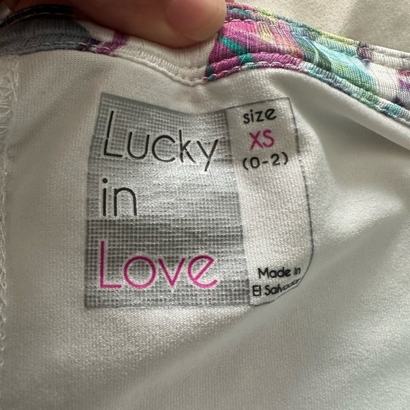 LUCKY IN LOVE SHIRT & SKIRT/SKORT XS FLORAL LEAF PRINT TIERED PUPRLE TEAL TENNIS - Picture 2 of 6